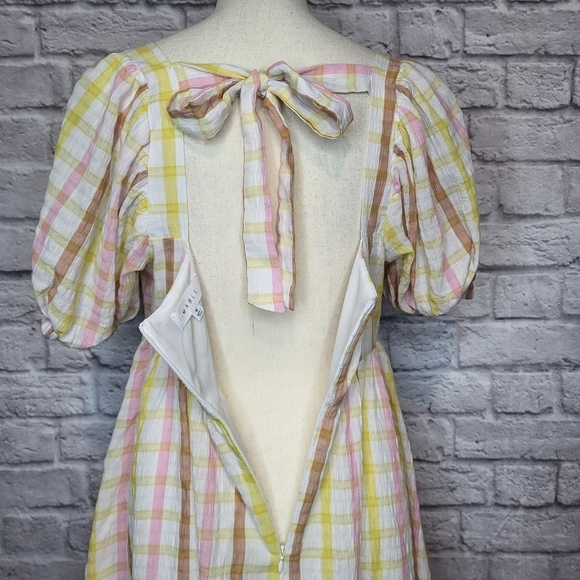 Mable Dress Babydoll White Pastel Plaid Square Neck Puff Sleeves Tie Back Size M - Picture 7 of 9